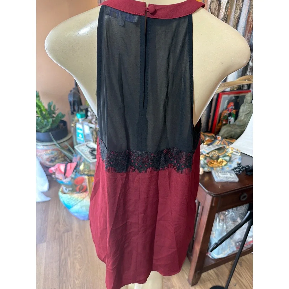1.STATE Womens Halter Neck Blouse Burgundy Red Black Eyelash Lace Mesh Top Large - Picture 5 of 6